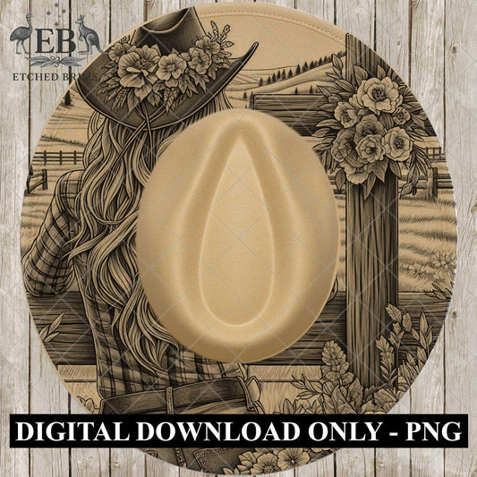 Cowgirl Cross Hat Burning Design, Western Laser Engraving Template for Wide Brim Fedora Hats, EB709