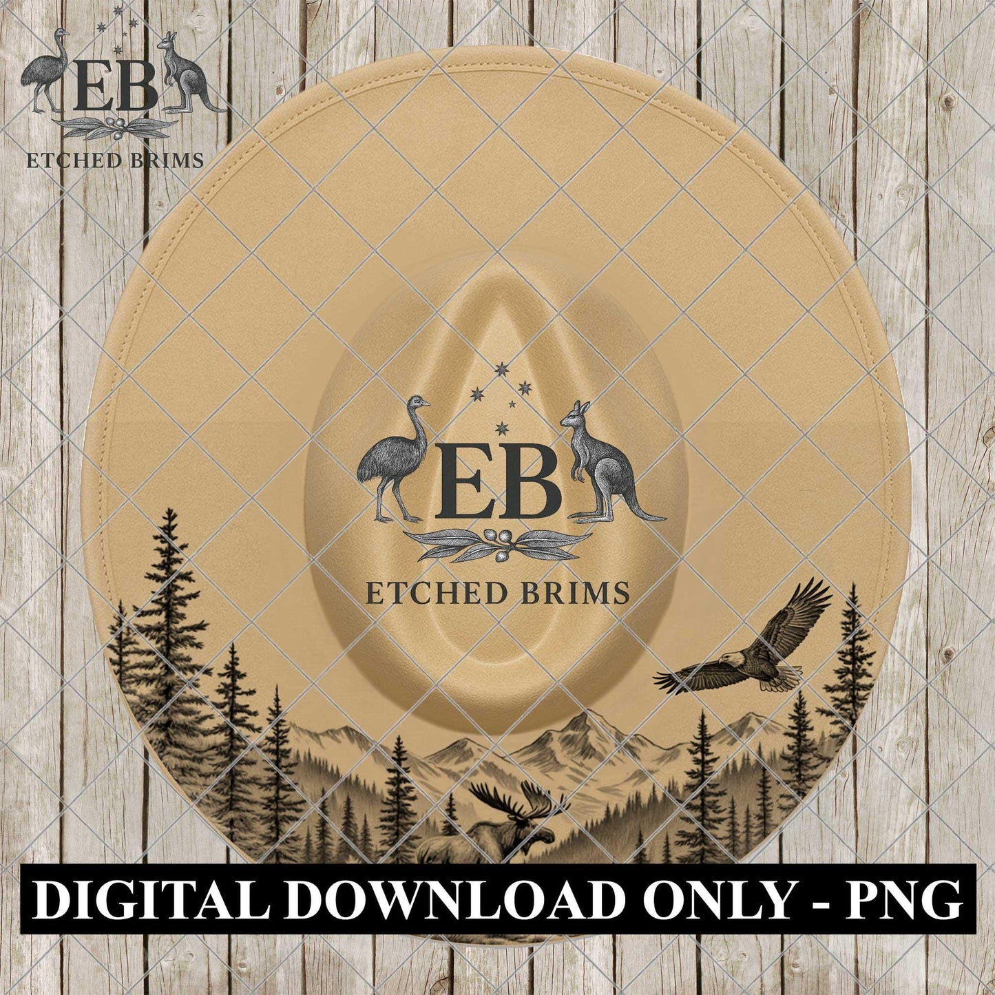 Moose and Eagle, Hat Burning Design, Mountain Scenery, Wide Brim Hat, Laser Engraving Design, EB1140
