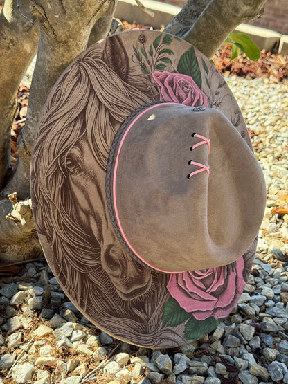 Wild Rose - EXCLUSIVE - Horse Engraved Wide Brim Hat, Vegan Suede Fedora Hat, Laser Engraved, Cowboy Hat, Burned Fedora, Cowgirl Design