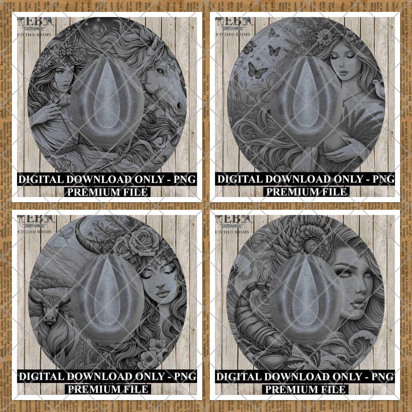 Zodiac Star Signs Hat Burning Templates Bundle. Laser Engraving Designs with PNG & Hat Hand Burning Stencils PDF. 12 Constellations EB303