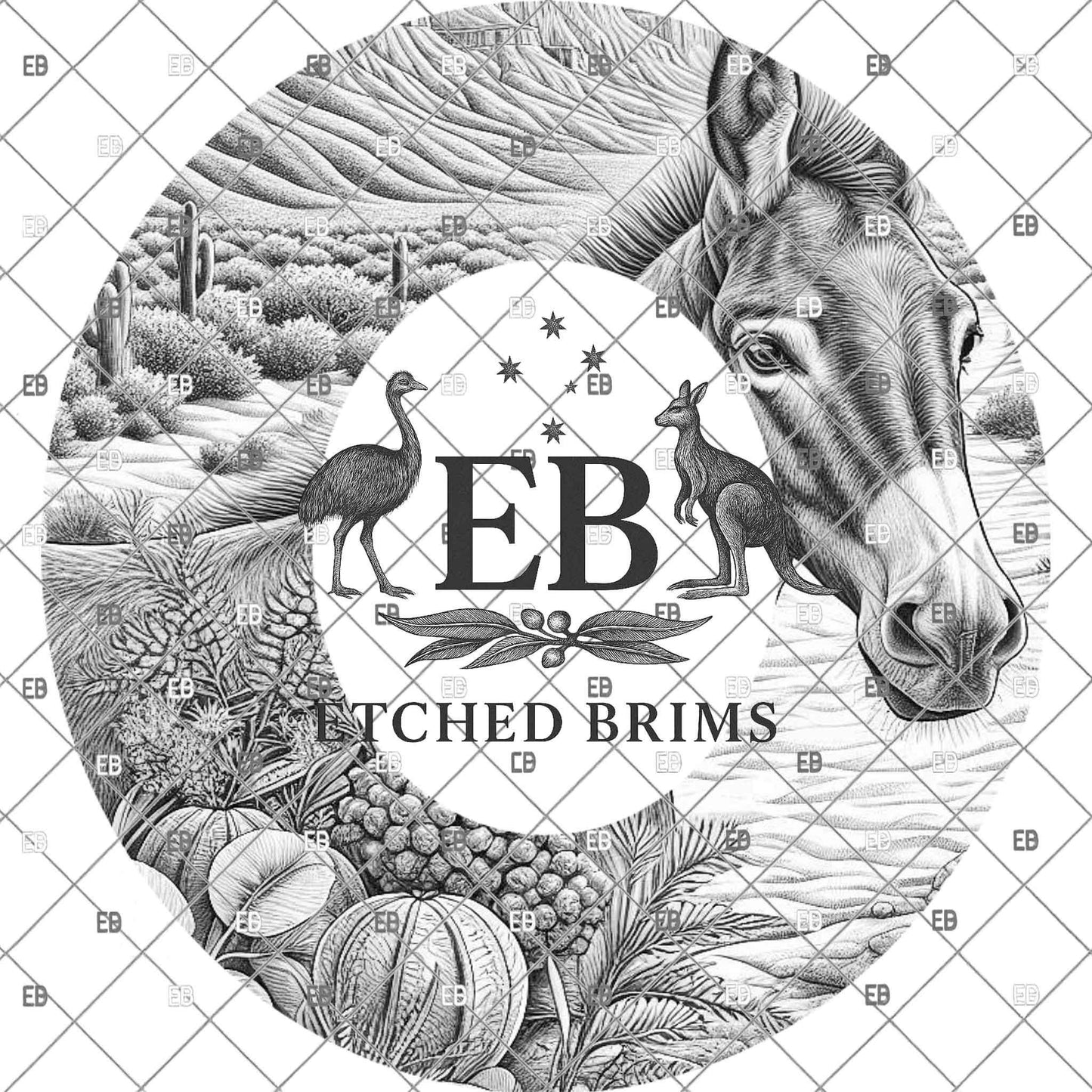 Western Mule Hat Burning Design | Desert Cactus Brim Template| Cowboy Hat Laser Design, EB1196