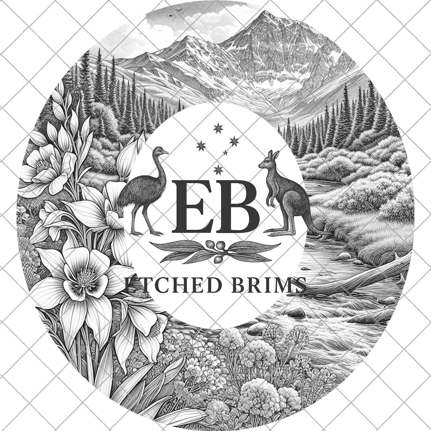 Columbine Flowers & Mountains, Hat Burning Design, Digital Download PNG, Hat Burning Template, Hat Laser Engraving Design, Wide Brim, EB1083