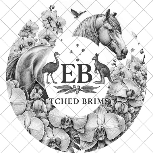 Horse & Orchid Flowers, Hat Burning Template for Wide Brim Hats. PNG for Laser Engraving and PDF Burning Stencil for Hand Burning, EB870
