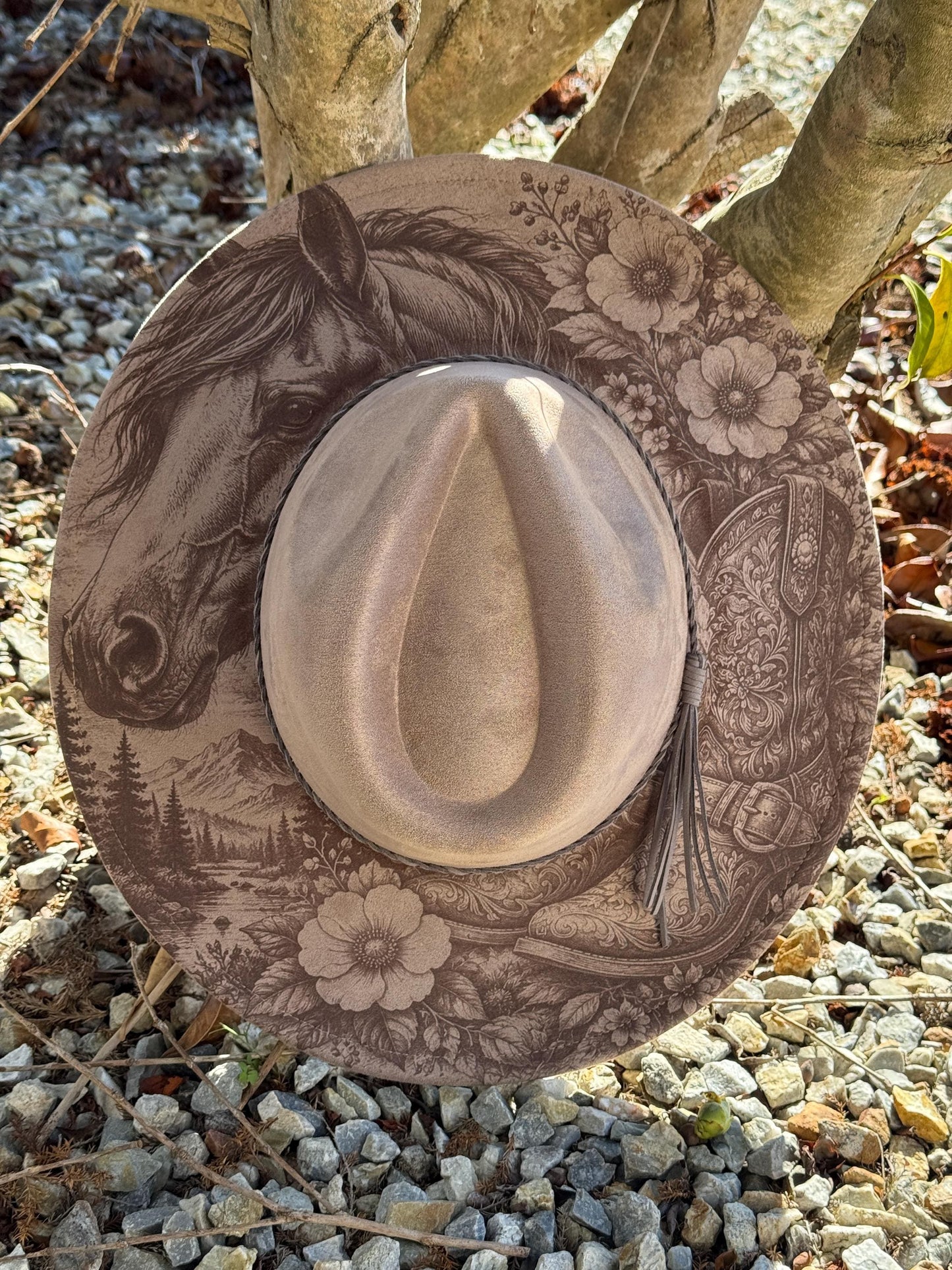 Horse and Western Boots Laser Engraved Hat – Rustic Western Brim | Cowboy Cowgirl Fedora