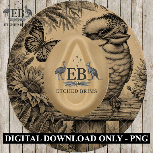 Australian Kookaburra Hat Engraving, Sunflowers, Lavender, Wide Brim Laser Hat Design, PDF & PNG, EB1099