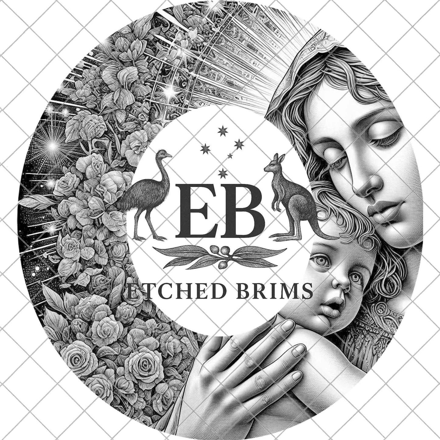 Virgin Mary and Jesus with Roses, Hat Engraving Template, Holy Mother Floral Religious Laser Etching Design for Wide Brim Hats, EB905