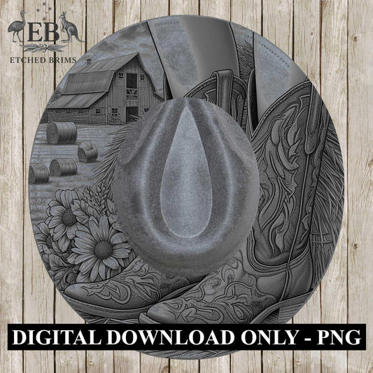 Cowgirl Boots & Sunflowers 5 Hat Burning Design, Western Brim PNG PDF Template, Digital Laser Design, Wide Brim Faux Suede Hat, EB632