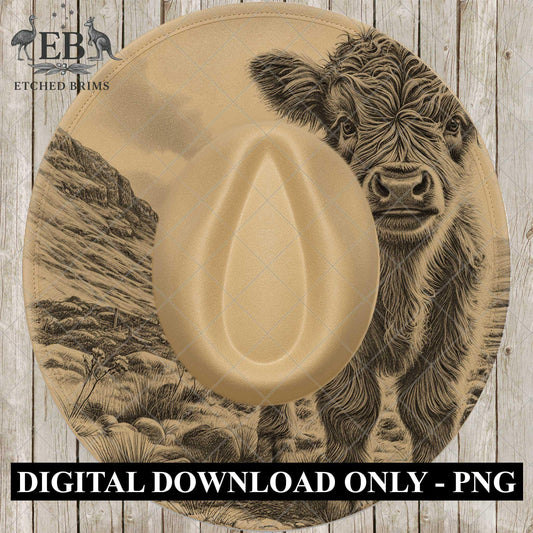 Scottish Highland Cow, Wide Brim Hat Template, Burned Hat PNG, Pyrography Hat Design, Hat Burning Design, EB808