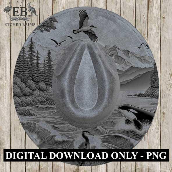 Orca Whales 2, Mountains, Laser Hat Burning Design, Digital Download PNG, Hat Burning Template, Hat Laser Engraving Design, Hat File EB353