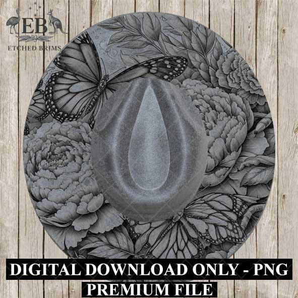 Peonies Flowers & Butterflies 3, Hat Burning Design, Hat Burning Stencil, Hat Burning Template, Hat Laser Engraving Design, Hat File EB448