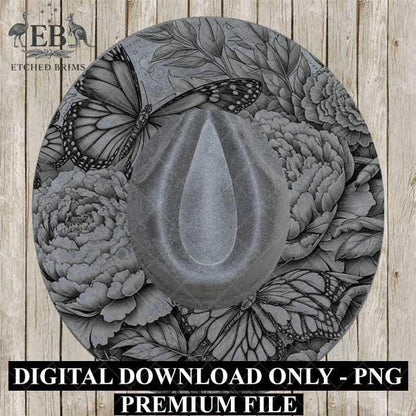 Peonies Flowers & Butterflies 3, Hat Burning Design, Hat Burning Stencil, Hat Burning Template, Hat Laser Engraving Design, Hat File EB448