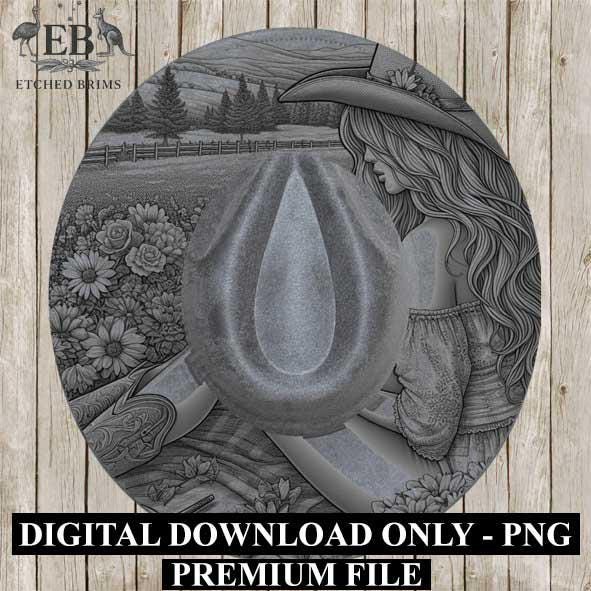 Cowgirl & Flowers 3 Hat Engraving Template, Digital Laser Burn Design, Wide Brim Faux Suede Hats, BOHO, Laser Hat Burning File EB326