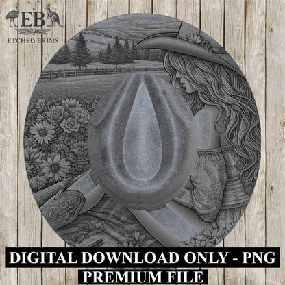 Cowgirl & Flowers 3 Hat Engraving Template, Digital Laser Burn Design, Wide Brim Faux Suede Hats, BOHO, Laser Hat Burning File EB326