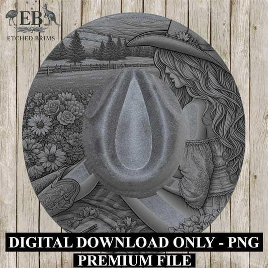 Cowgirl & Flowers 3 Hat Engraving Template, Digital Laser Burn Design, Wide Brim Faux Suede Hats, BOHO, Laser Hat Burning File EB326