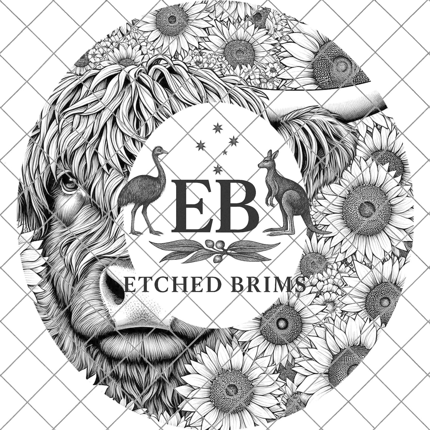 Highland Cow and Sunflowers 2, Hat Burning Design, Digital Download PDF & PDF for Hand Burning, Wide Brim Hat, Printable Hat Template, EB608