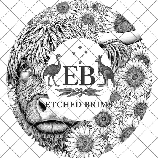 Highland Cow and Sunflowers 2, Hat Burning Design, Digital Download PDF & PDF for Hand Burning, Wide Brim Hat, Printable Hat Template, EB608