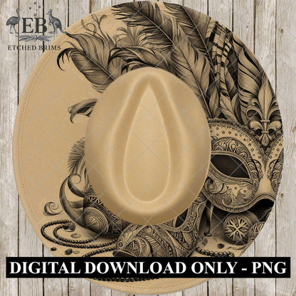 Mardi Gras Festival Mask Hat Burning Design, Laser Engraving Template, Western Cowboy Hat EB978