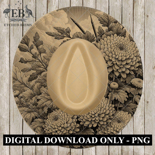 Chrysanthemum Flowers, Hat Burning Design, Digital Download PNG, Hat Burning Template, Hat Laser Engraving Design, Wide Brim, EB1085
