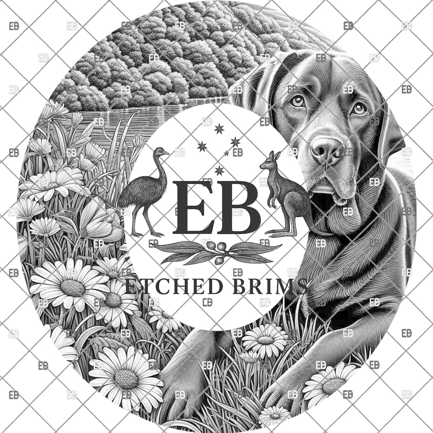 Labrador and Lake, Hat Burning Design, Floral Laser Engraving Template, Dog Illustration, PNG PDF Download, EB1142