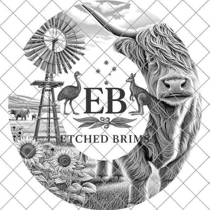 Highland Cow & Windmill Hat Design 5, Rustic Farmhouse Sunflower Brim Template, Western Laser Engraving Digital Download Hat File, EB376