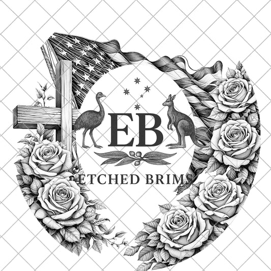 Cross American Flag & Roses Hat Burning Design, Laser Hand Engraving Wide Brim Fedora, PNG PDF, EB1089