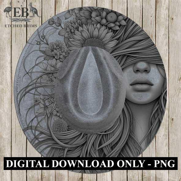Girl & Flowers 23, Boho Woman Hat Engraving Template, Floral Hair PNG for Brim Burning, Western Hat Design, Digital File for Burners EB317