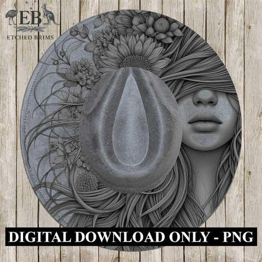 Girl & Flowers 23, Boho Woman Hat Engraving Template, Floral Hair PNG for Brim Burning, Western Hat Design, Digital File for Burners EB317