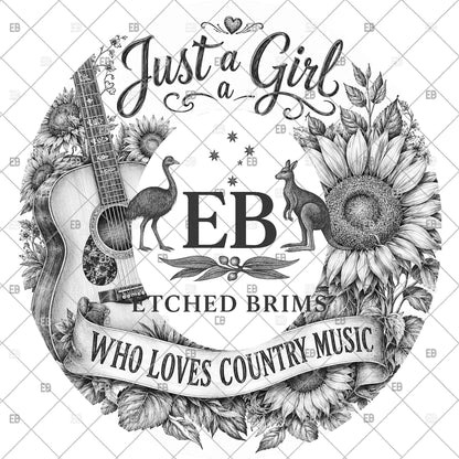 Just A Girl Who Loves Country Music, Hat Burning Design, Wide Brim Laser Hat Engraving Template, Printable Stencil, EB1284