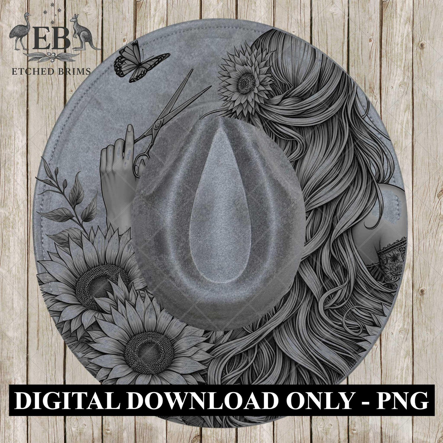 Hairdresser Sunflowers 6 Hat Burning Template for Wide Brim Hats. PNG for Laser Engraving and PDF Burning Stencil for Hand Burning, EB604