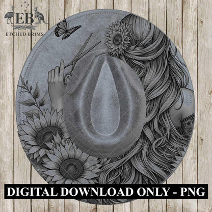 Hairdresser Sunflowers 6 Hat Burning Template for Wide Brim Hats. PNG for Laser Engraving and PDF Burning Stencil for Hand Burning, EB604