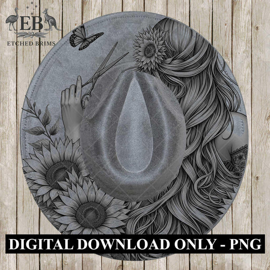 Hairdresser Sunflowers 6 Hat Burning Template for Wide Brim Hats. PNG for Laser Engraving and PDF Burning Stencil for Hand Burning, EB604