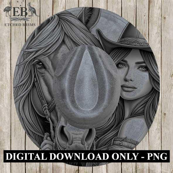Cowgirl Horse 7, Laser Hat Burning Design, Digital Download PNG, Hat Burning Template, Hat Laser Engraving Design, Wide Brim Hat File EB223