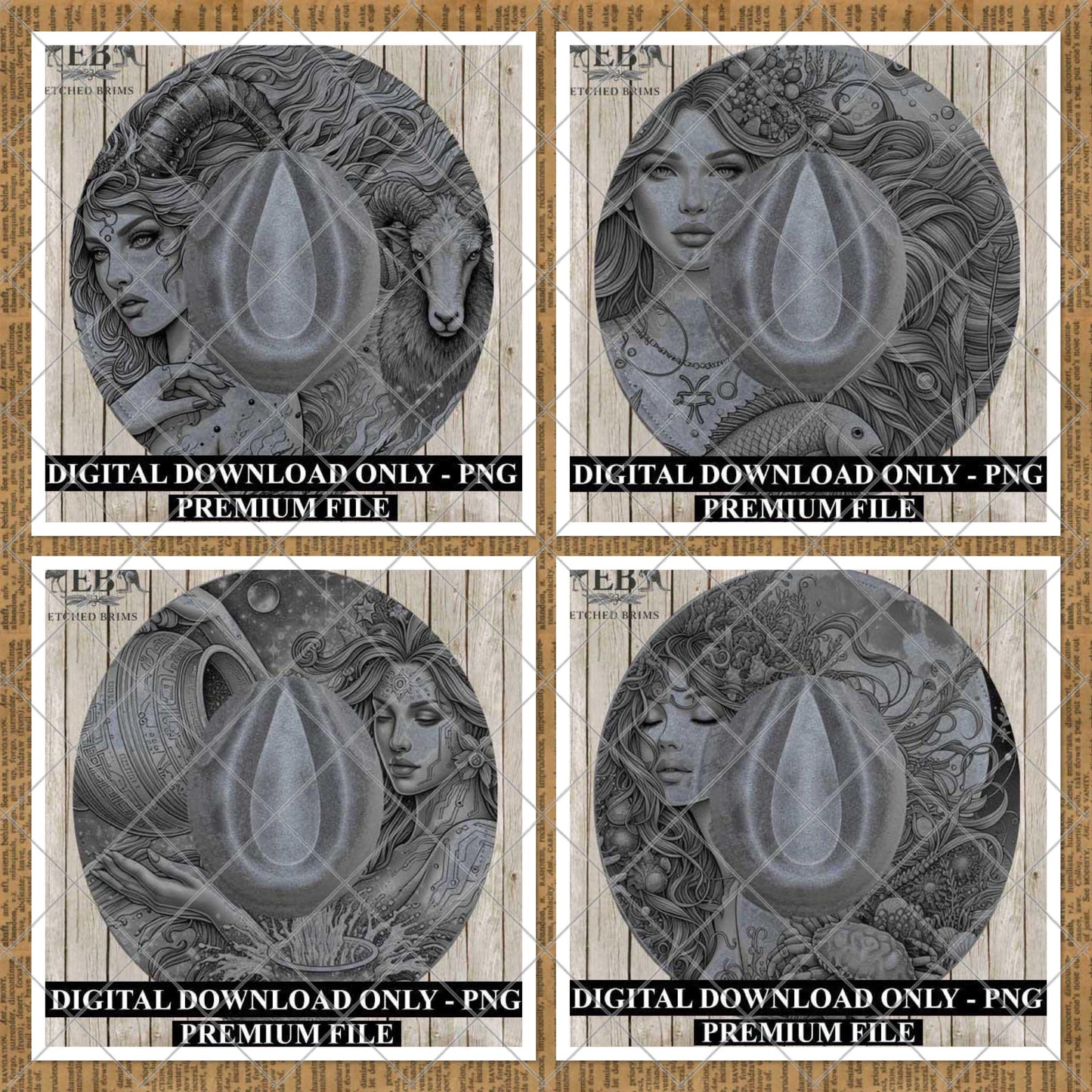 Zodiac Star Signs Hat Burning Templates Bundle. Laser Engraving Designs with PNG & Hat Hand Burning Stencils PDF. 12 Constellations EB303