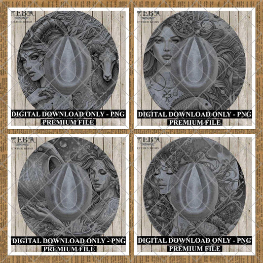 Zodiac Star Signs Hat Burning Templates Bundle. Laser Engraving Designs with PNG & Hat Hand Burning Stencils PDF. 12 Constellations EB303