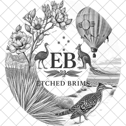 New Mexico Hat Burning Design, Roadrunner Yucca Plant Hot Air Balloon and Zia Symbol, Wide Brim Laser Hat Template, EB972