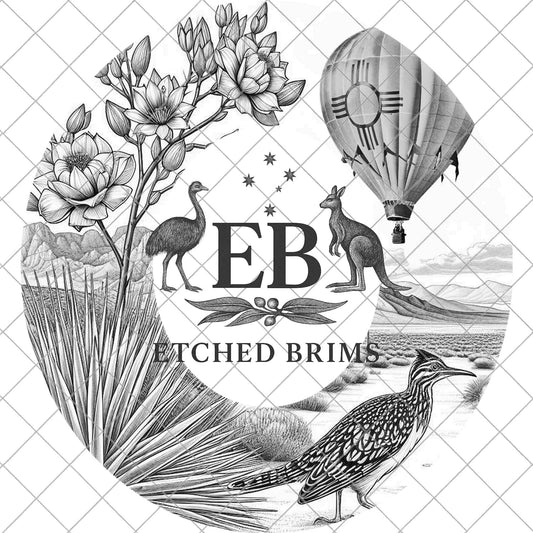 New Mexico Hat Burning Design, Roadrunner Yucca Plant Hot Air Balloon and Zia Symbol, Wide Brim Laser Hat Template, EB972