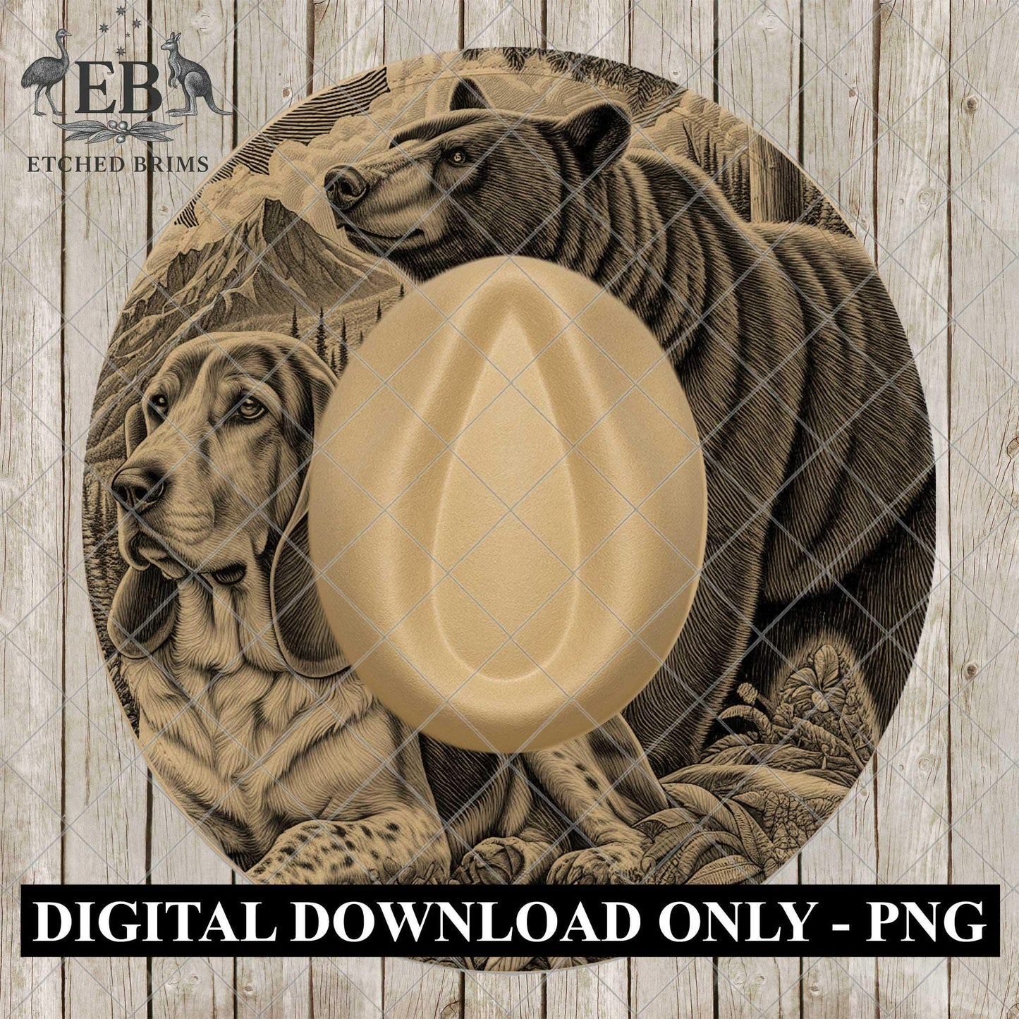 Hound Dog & Bear, Wide Brim Hat Template, Hat Engraving, PNG, PDF, Digital File for Burning Hats, EB1113