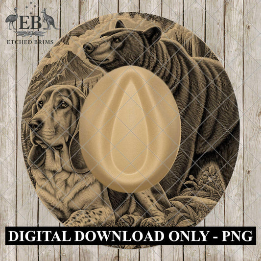Hound Dog & Bear, Wide Brim Hat Template, Hat Engraving, PNG, PDF, Digital File for Burning Hats, EB1113