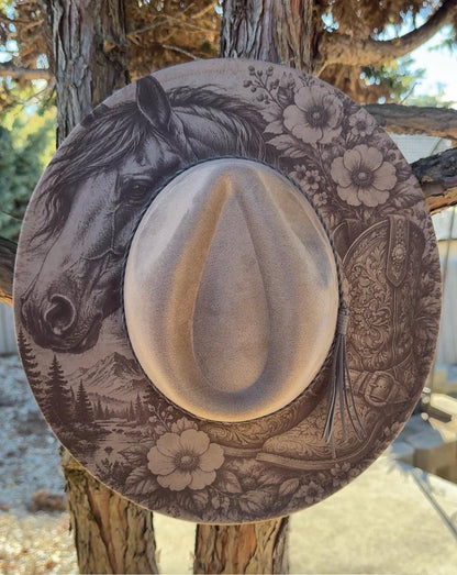 Horse and Western Boots Laser Engraved Hat – Rustic Western Brim | Cowboy Cowgirl Fedora