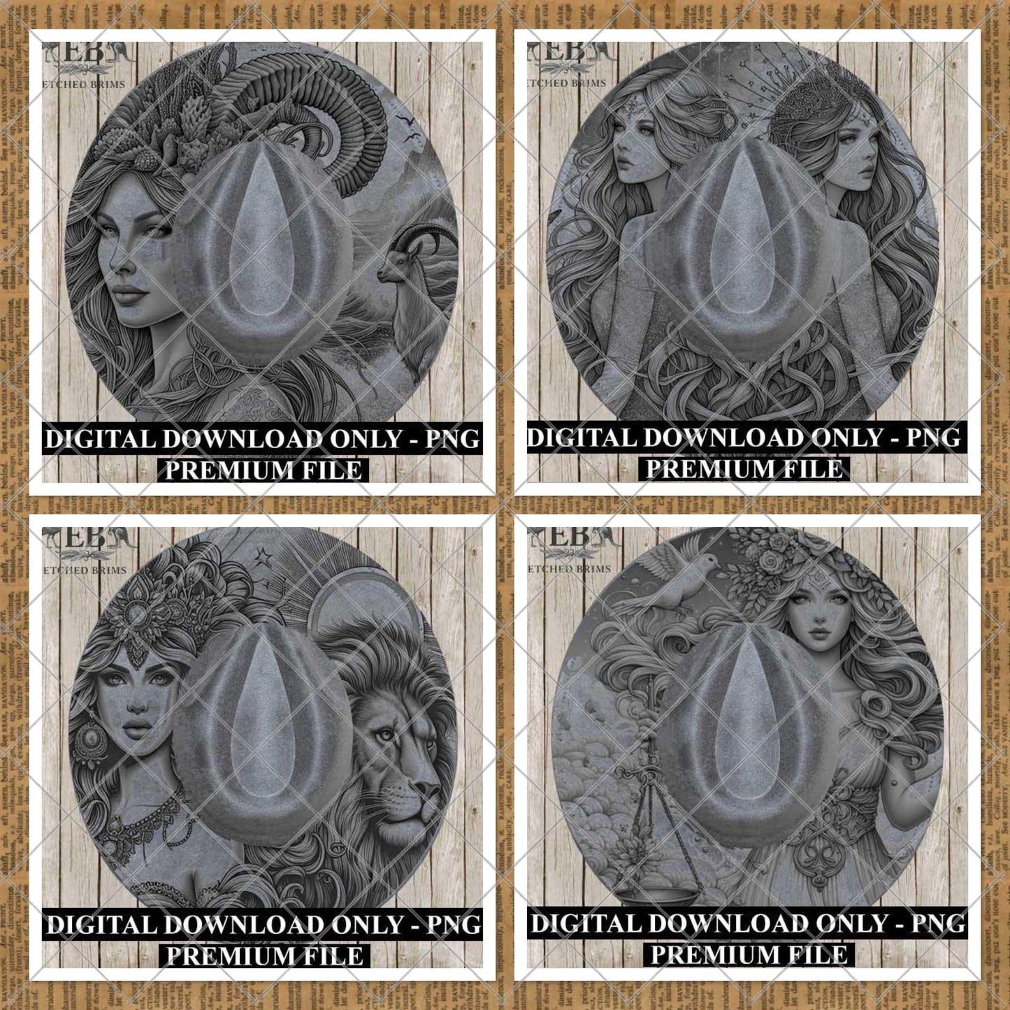 Zodiac Star Signs Hat Burning Templates Bundle. Laser Engraving Designs with PNG & Hat Hand Burning Stencils PDF. 12 Constellations EB303