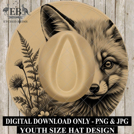 Child Size Fox Flowers Hat Burning Design - Laser Template for Youth Cowboy Hat, EBY818