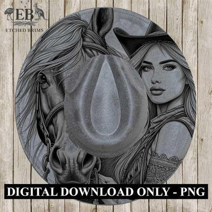 Cowgirl Horse 8, Laser Hat Burning Design, Digital Download PNG, Hat Burning Template, Hat Laser Engraving Design, Wide Brim Hat File EB224