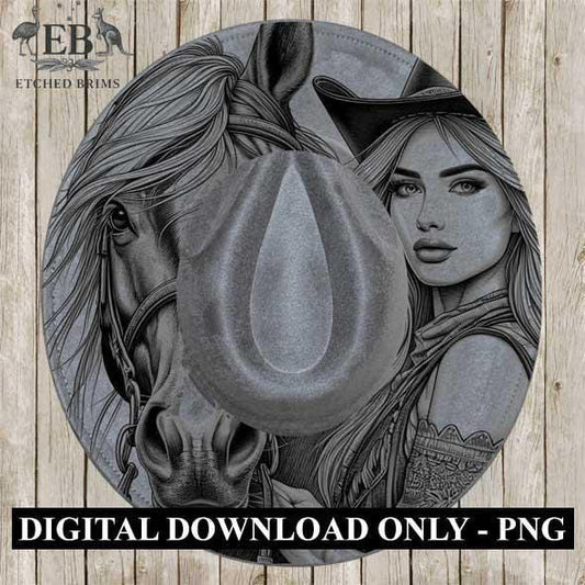 Cowgirl Horse 8, Laser Hat Burning Design, Digital Download PNG, Hat Burning Template, Hat Laser Engraving Design, Wide Brim Hat File EB224