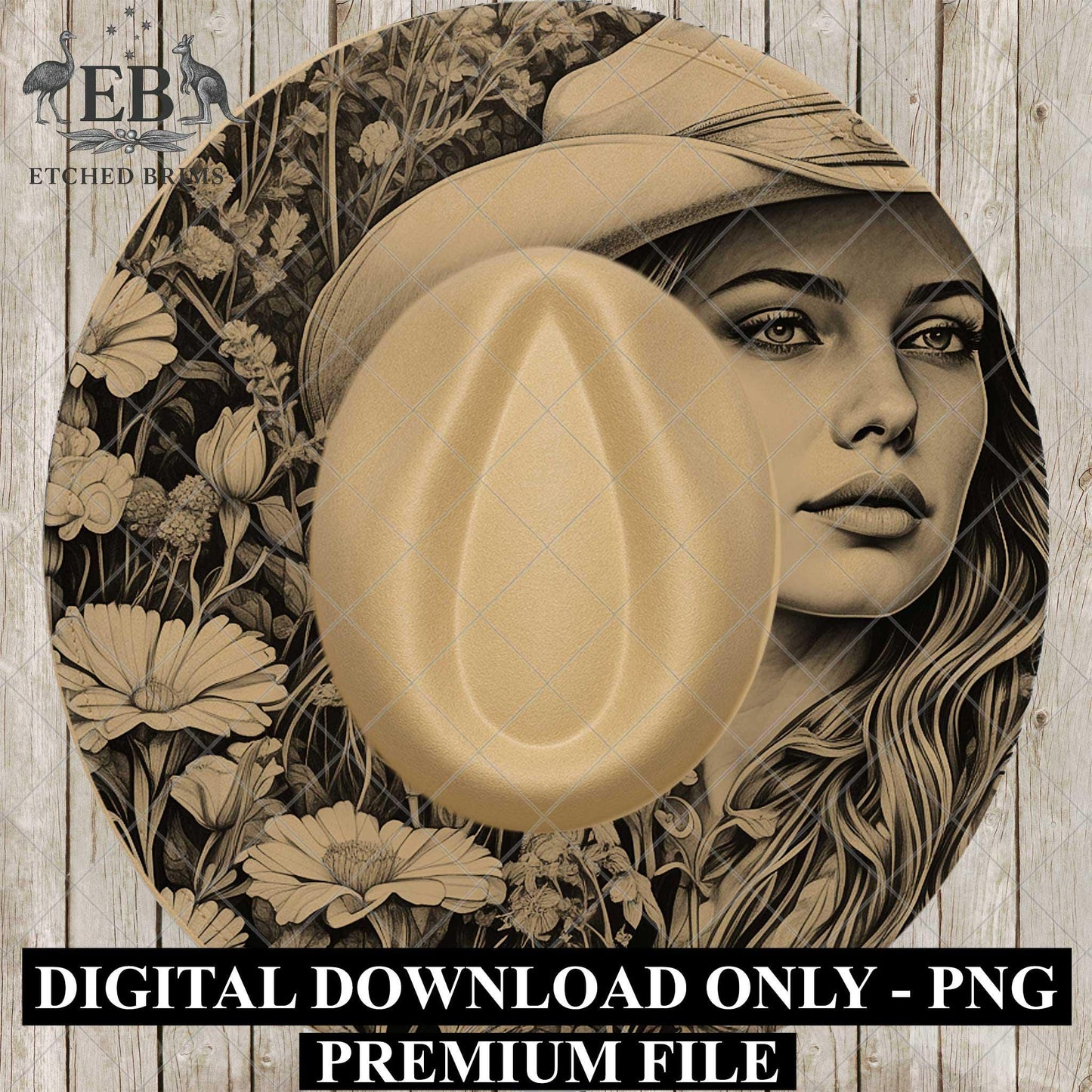 Cowgirl and Flowers, Hat Burning Design, Wide Brim Hat Template, Pyrography Hat Design, Laser Hat Burning Design, EB843