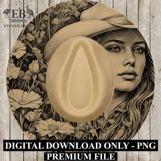 Cowgirl and Flowers, Hat Burning Design, Wide Brim Hat Template, Pyrography Hat Design, Laser Hat Burning Design, EB843