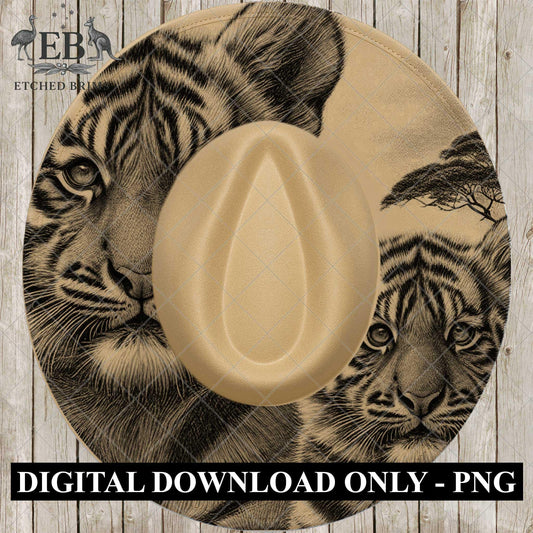 Tiger and Cub, Hat Burning Design, Hat Engraving Template, Wide Brim Hat Pattern, Templates Hat Burning PNG, Laser Engraving Stencil, EB787