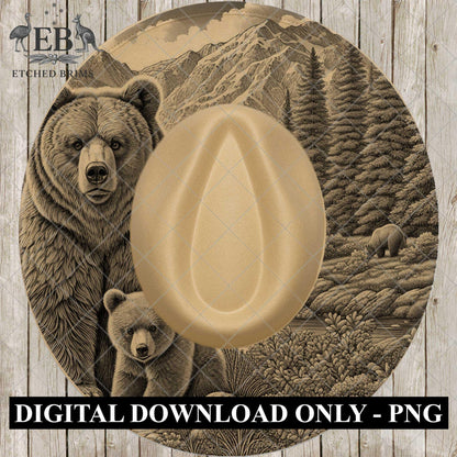 Grizzly Bear & Cub, Hat Burning Design, Wide Brim Hat Template, Hat Laser Engraving Design, Digital Download PNG, EB883