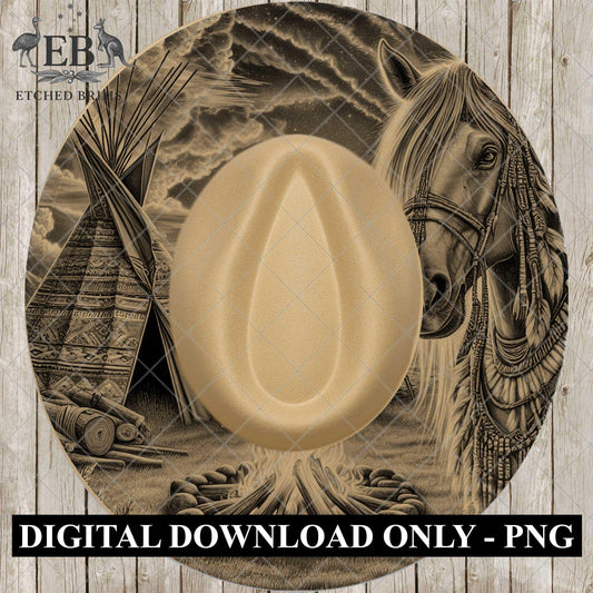 Sacred Horse and Tipi, Hat Burning Design, Western Laser Engraving Template for Cowboy Hat, Tipi Campfire, EB958