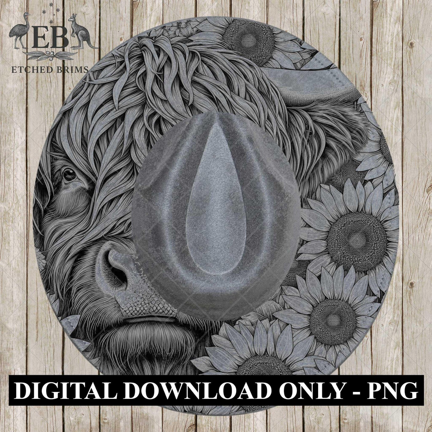 Highland Cow and Sunflowers 3, Hat Burning Design, Digital Download PDF & PDF for Hand Burning, Wide Brim Hat, Printable Hat Template, EB606