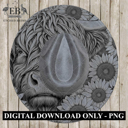 Highland Cow and Sunflowers 3, Hat Burning Design, Digital Download PDF & PDF for Hand Burning, Wide Brim Hat, Printable Hat Template, EB606